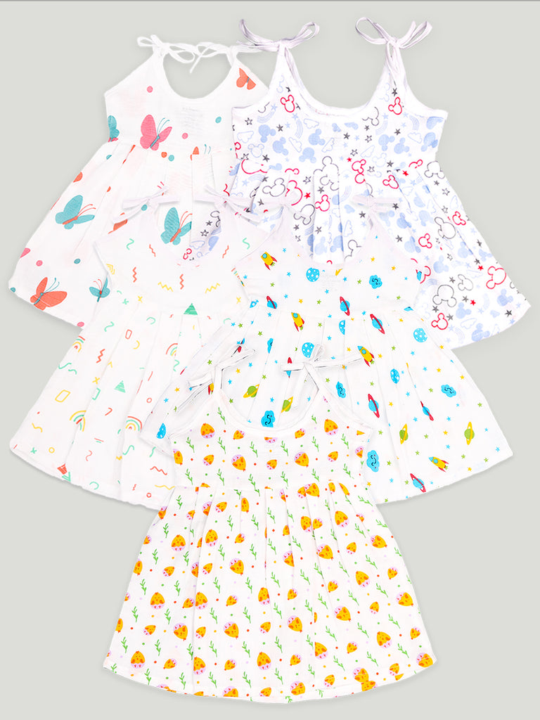 Extra Soft Muslin  Fabric Baby Girls Frock | Pack of 5 | Butterfly, Mickey, Space, Rainbow and Cute Chick Print