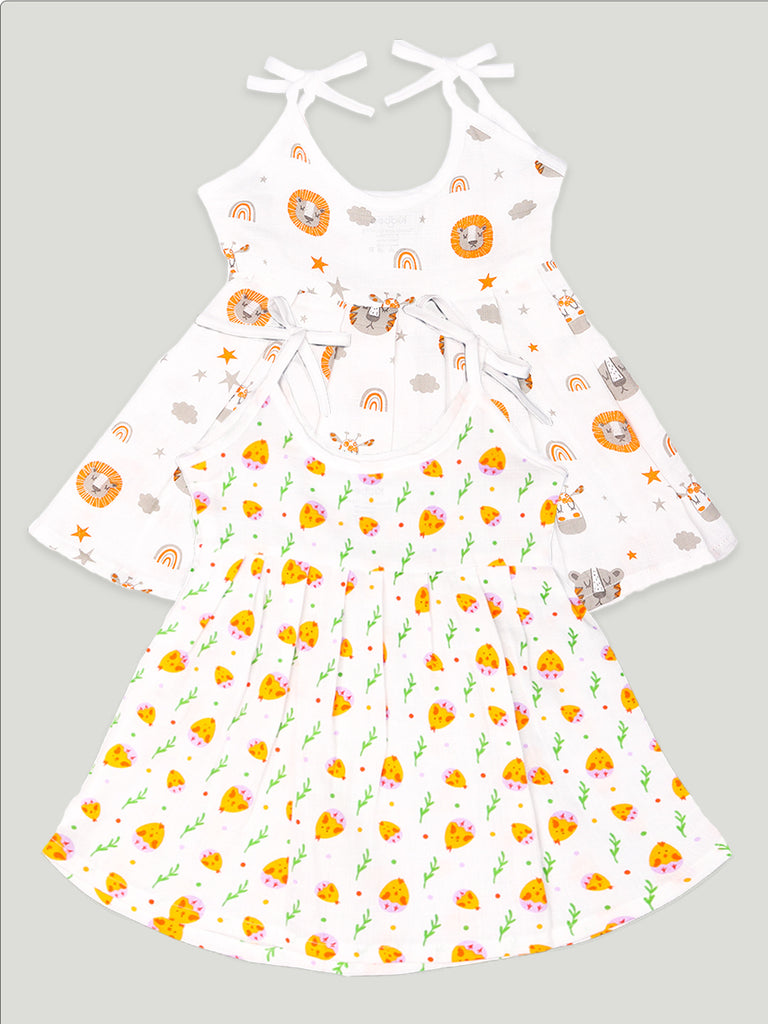 Extra Soft Muslin  Fabric Baby Girls Frock | Tiger and Cute Chick Print Pack of 2