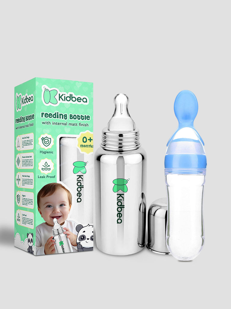 Kidbea Stainless Steel Infant Baby Feeding Bottle & Silicon Blue Food soft pacifer/feeder, Anti-Colic, Plastic-Free,304 Grade Medium-Flow Combo of 2