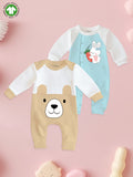 Kidbea Pack of 2 Full Sleeves 100% Organic cotton Bear | Bunny Printed Romper – Blue & Beige