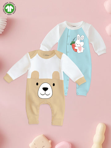 Kidbea Pack of 2 Full Sleeves 100% Organic cotton Bear | Bunny Printed Romper – Blue & Beige