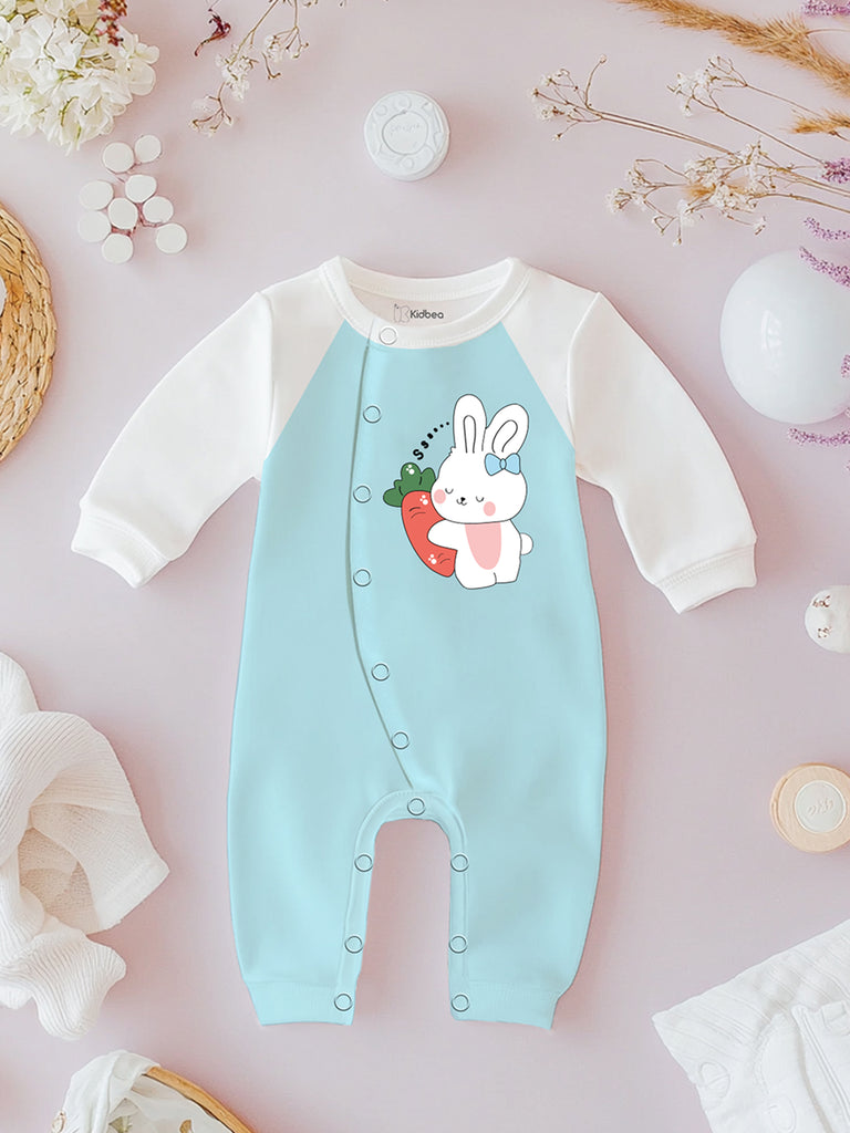 Kidbea 100% Organic Cotton Full Sleeves Bunny Printed Romper - Blue