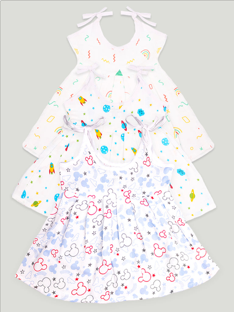 Extra Soft Muslin  Fabric Baby Girls Frock | Pack of 3 | Rainbow, Mickey and Space Print