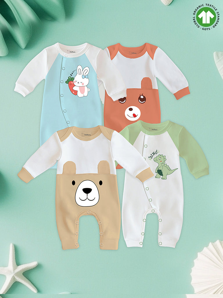 Kidbea Pack of 4 Full Sleeves 100% Organic cotton Dino and Bear and Bunny Print Romper – Green,Orange&Beige,Blue