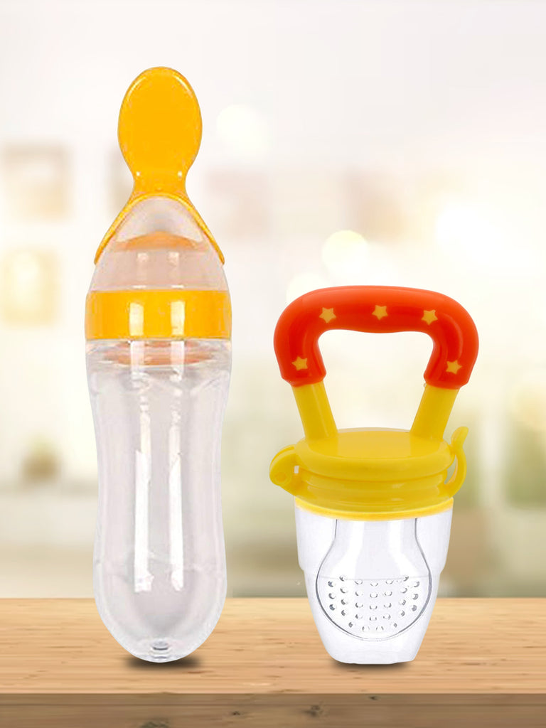 Kidbea Baby Fruit Feeder And Food Feeding Spoon Ultra Soft Food Grade Silicone for Cereals for Infant Baby 3 Months Plus for Baby 6 to 12 Months (Yellow Combo)