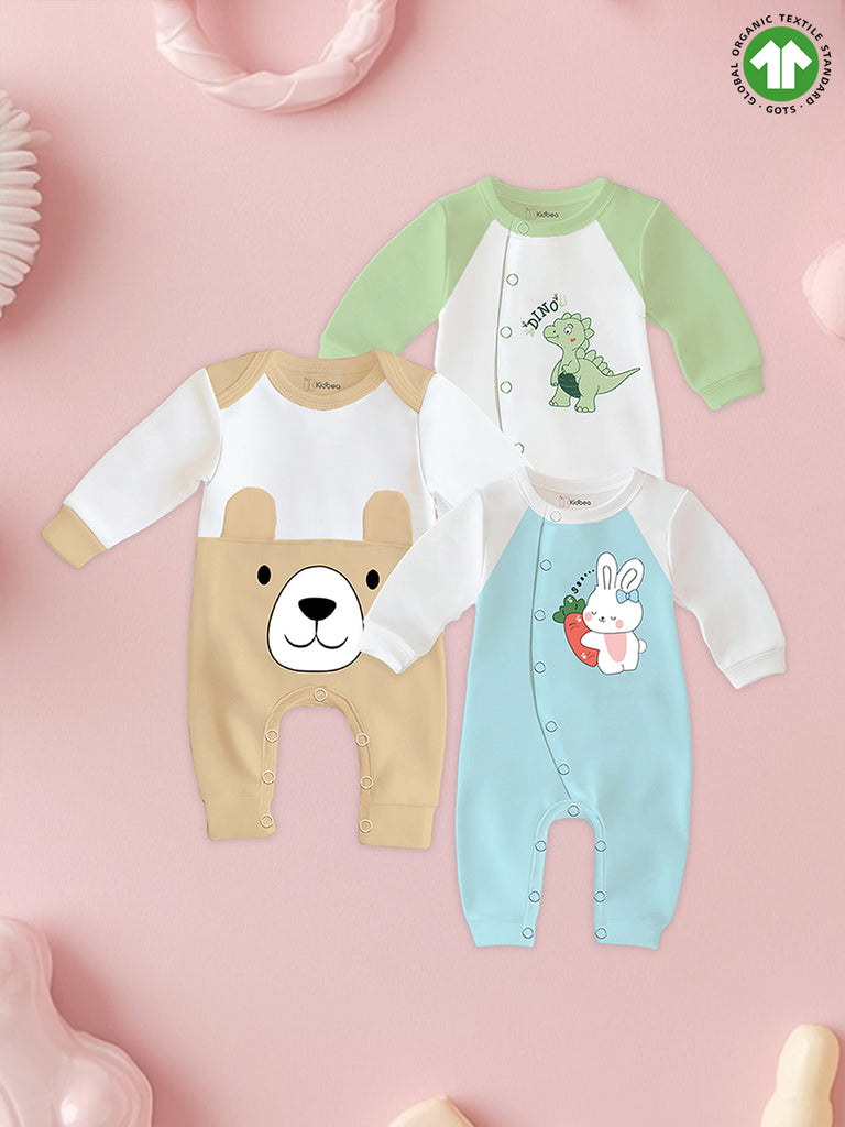 Kidbea Pack of 3 Full Sleeves 100% Organic cotton Dino, Bear and Bunny Print Romper – Green, Orange & Beige