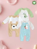 Kidbea Pack of 3 Full Sleeves 100% Organic cotton Dino, Bear and Bunny Print Romper – Green, Orange & Beige