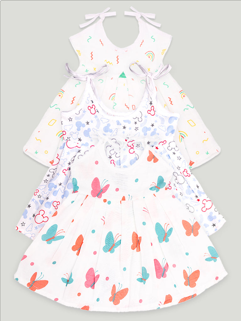 Extra Soft Muslin  Fabric Baby Girls Frock | Pack of 3 | Rainbow, Mickey and Butterfly Print