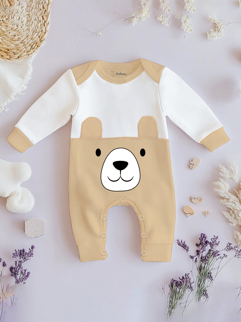 100% Organic Cotton Full Sleeves Bear Printed Romper - Beige