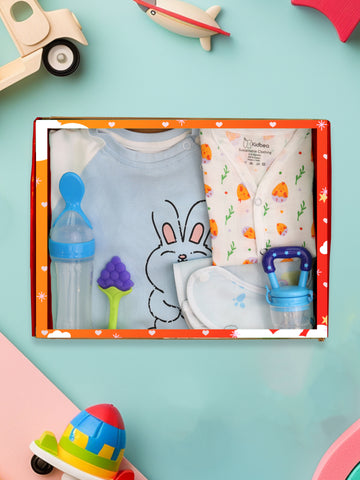 Kidbea Assorted Baby Essentials Festive Gift Set with Romper, Jhabla, Feeders and More Pack of 6