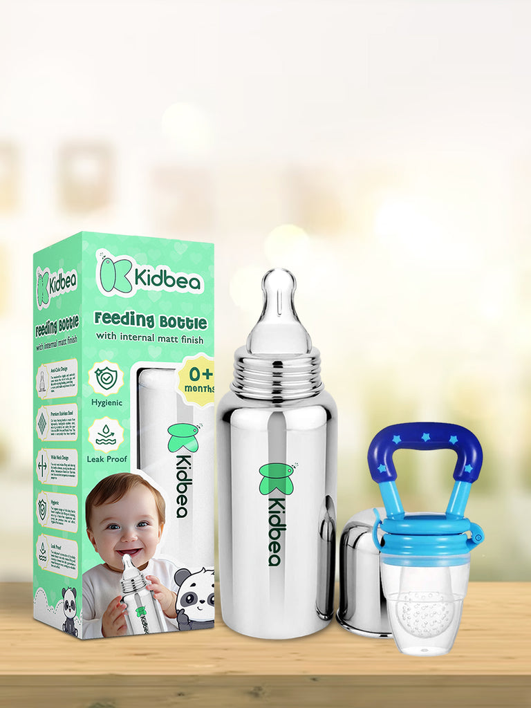 Kidbea Stainless Steel Infant Baby Feeding Bottle,Blue silicon Fruit Feeder BPA Free, Anti-Colic, Plastic-Free,304 Grade Medium-Flow Combo of 2