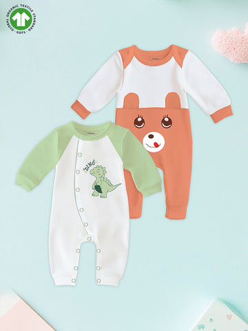 Kidbea Pack of 2 Full Sleeves 100% Organic cotton Bear | Dinasour Printed Romper – Green & Orange