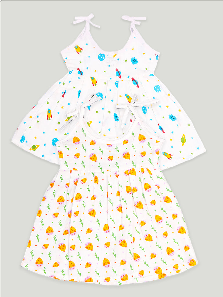 Kidbea Extra Soft Muslin  Fabric Baby Girls Frock | Space and Cute Chick Print Pack of 2