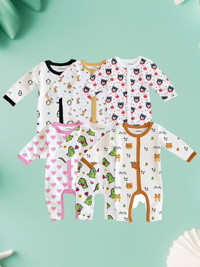 100% Organic Cotton Baby Rompers/Bodysuits – Set of 6 with Penguin, Giraffe, Dino, Bear, Heart & Animal Patterns