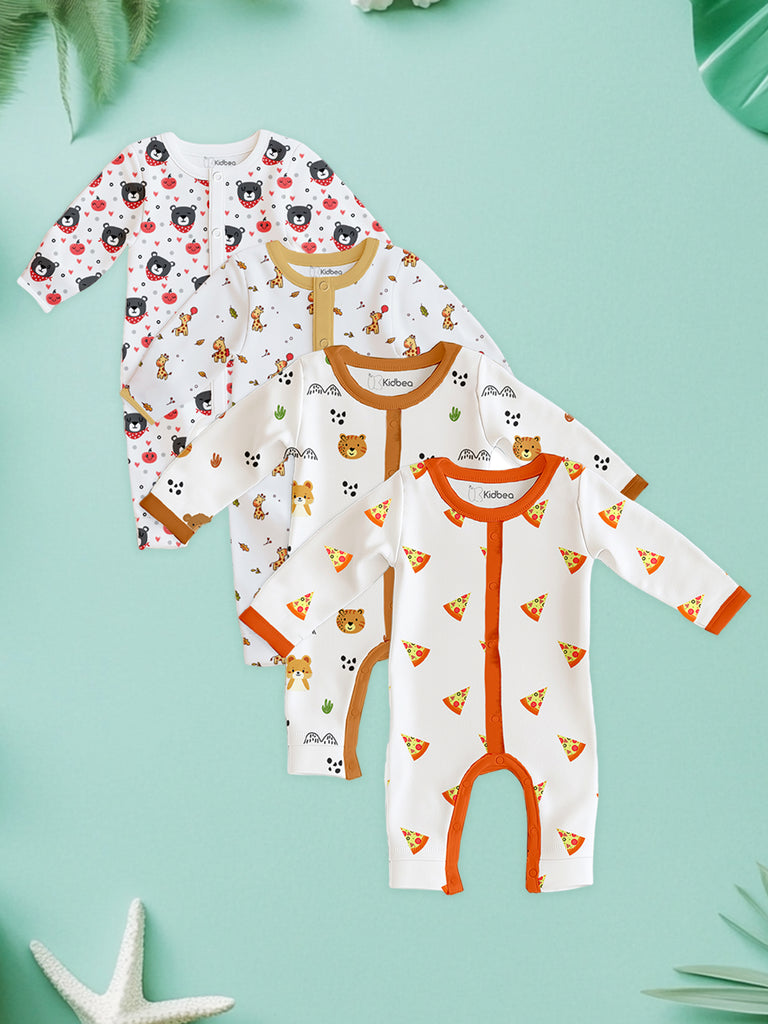 100% Organic Cotton Baby Rompers/Bodysuits – Set of 4 with Bear, Animal, Giraffe & Pizza Patterns