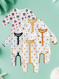 100% Organic Cotton Baby Rompers/Bodysuits – Set of 5 with Bear, Penguin, Giraffe, Pizza & Animal Patterns