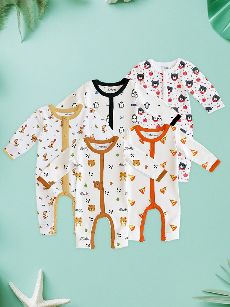 100% Organic Cotton Baby Rompers/Bodysuits – Set of 5 with Bear, Penguin, Giraffe, Pizza & Animal Patterns