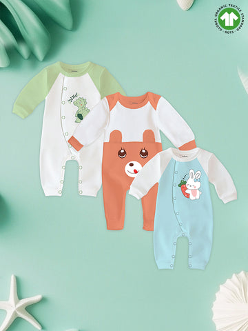 Kidbea Pack of 3 Full Sleeves 100% Organic cotton Dino and Bear and Bunny Print Romper – Green,Orange&Blue