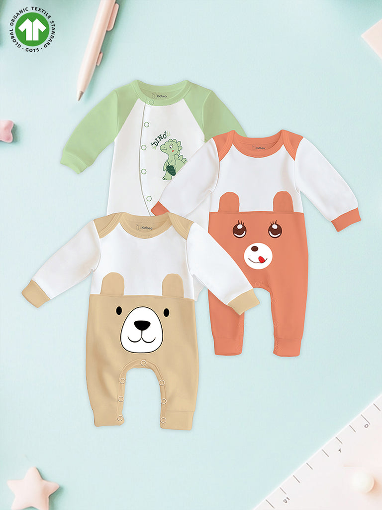 Kidbea Pack of 3 Full Sleeves 100% Organic cotton Dino and Bear Print Romper – Green,Orange&Beige