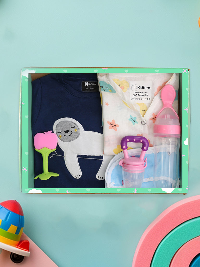 Kidbea Complete Baby Gift Box – Romper, Jhabla, Bib, Feeder & Teether Pack of 6 (Assorted)