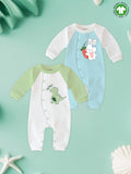 Kidbea Pack of 2 Full Sleeves 100% Organic cotton Bunny and Dino Print Romper – Green & Blue