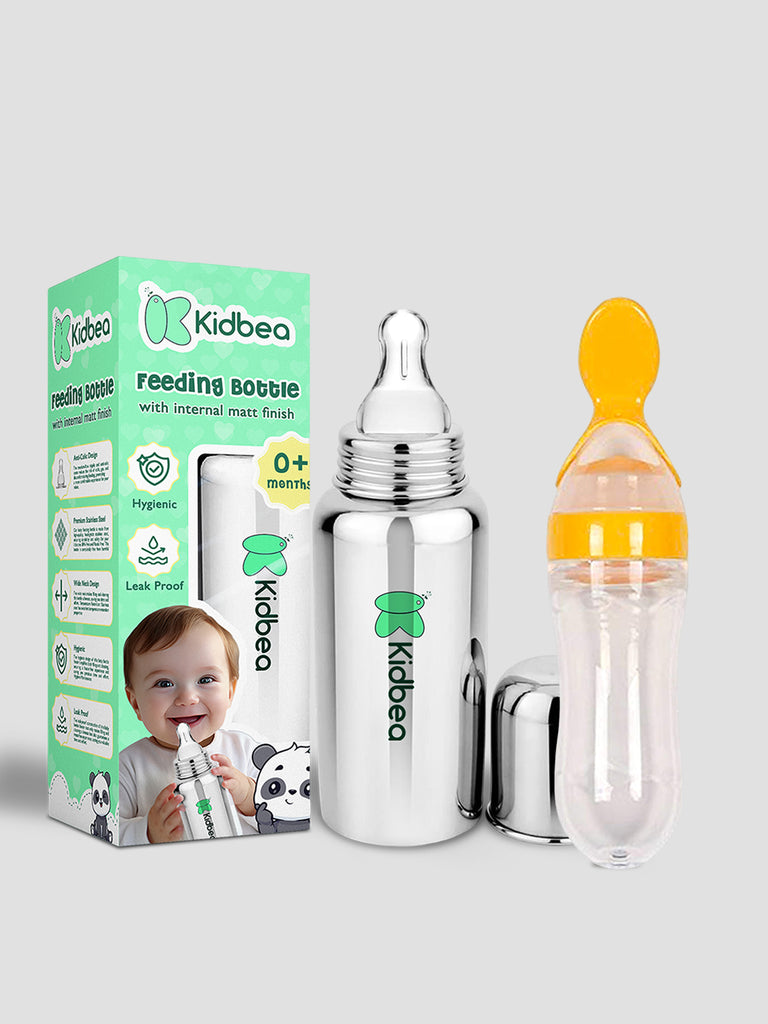 Kidbea Stainless Steel Infant Baby Feeding Bottle & Silicon Yellow Food soft pacifer/feeder, Anti-Colic, Plastic-Free,304 Grade Medium-Flow Combo of 2