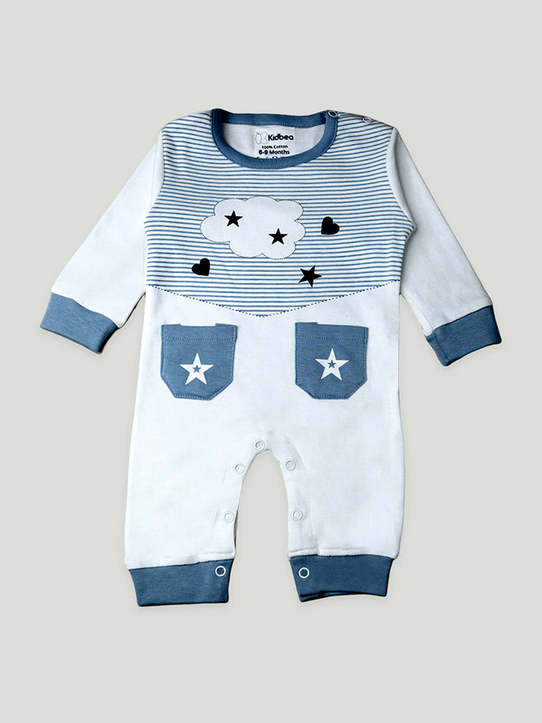 Kidbea Pack of 2 Full Sleeves Cotton Fox and Star Print with Pocket Romper/Bodysuit - Blue