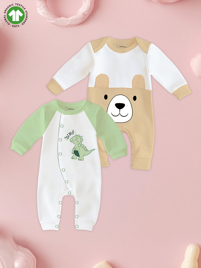 Kidbea Pack of 2 Full Sleeves 100% Organic cotton Bear | Dinasour Printed Romper – Green & Beige