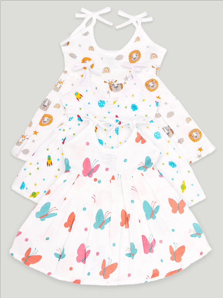 Extra Soft Muslin  Fabric Baby Girls Frock | Pack of 3 | Tiger, Space and Butterfly Print