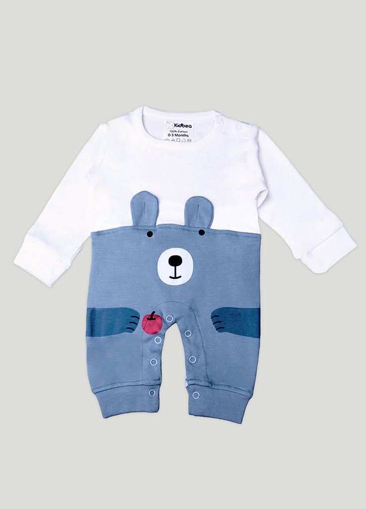 Kidbea Pack of 2 Full Sleeves Cotton Bear and Fox Print Romper/Bodysuit - Blue & Grey