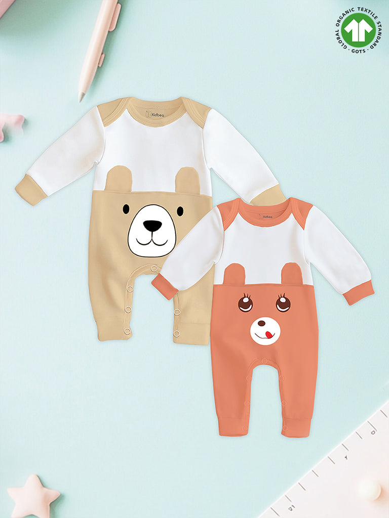 Kidbea Pack of 2 Full Sleeves 100% Organic cotton Bear Printed Romper – Beige & Orange