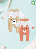 Kidbea Pack of 2 Full Sleeves 100% Organic cotton Bear Printed Romper – Beige & Orange