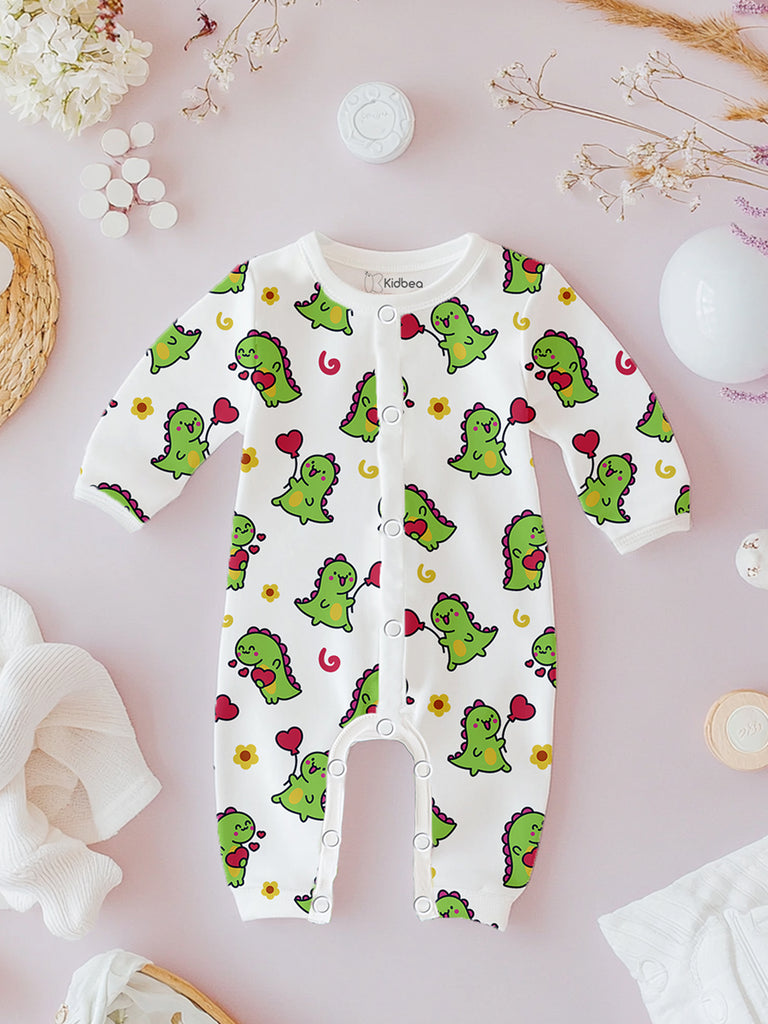 100% Organic cotton Dino Print Romper/Bodysuit - Olive Green