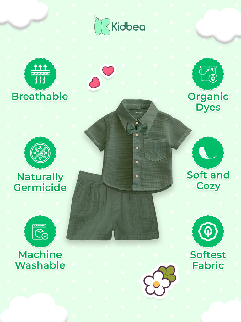 Kidbea 100% Linen Shirt & Pant Dark Green Co-ord Set