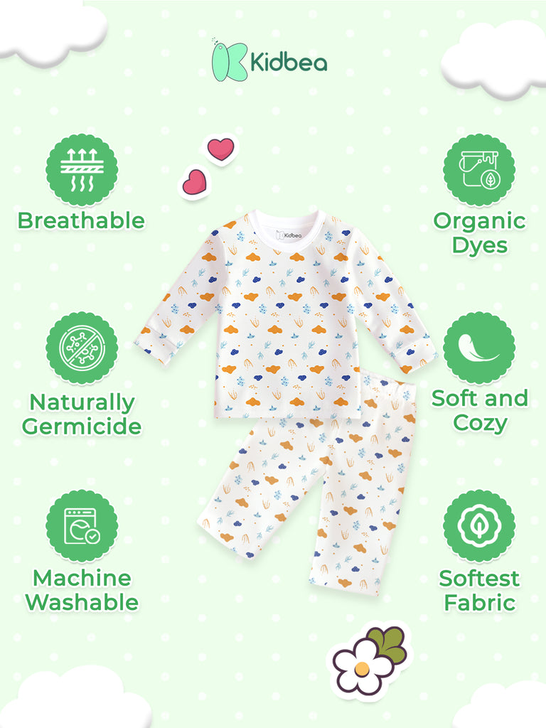 Kidbea 100% Bamboo Cotton Unisex Cloud & Nature Printed Co-Ord Set - White