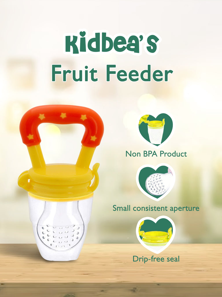 Kidbea Silicone Fruit Feeder Nibbler with Extra Mesh, Soft Pacifier/Feeder, Teether Nipple for Baby 6 to 12 Months, Infant (Yellow and Pink Combo)