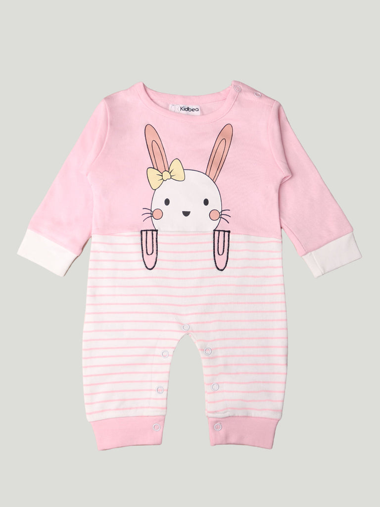 Kidbea Pack of 2 Full Sleeves Cotton Kitty and Penguin Print Romper/Bodysuit - Pink, white & Blue