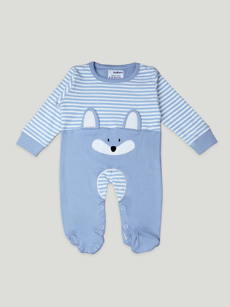 Kidbea Pack of 2 Full Sleeves Cotton Bear and Fox Print Romper/Bodysuit - Blue & Grey