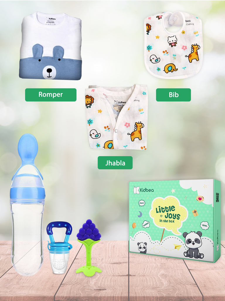 Kidbea Premium Complete Clothing  Gift Box Set with Romper, Jhabla, Bib, Feeder and Teether Pack of 6 (Assorted)