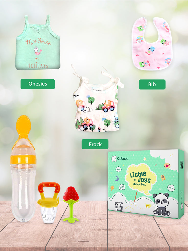 Kidbea Baby Shower and  Gift Set – Onesie, Jhabla, Bib, Teether and Feeders Pack of 6 (Assorted)