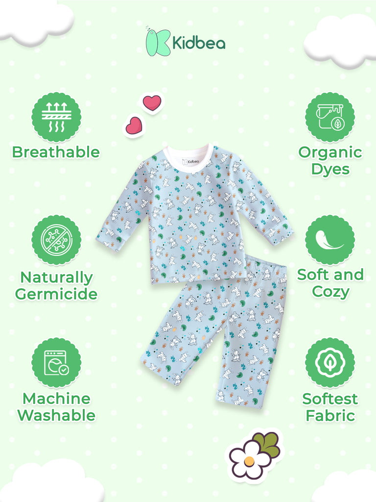 Kidbea 100% Bamboo Cotton Unisex Full Sleeves Bunny Printed Co-Ord Set - Sky Blue