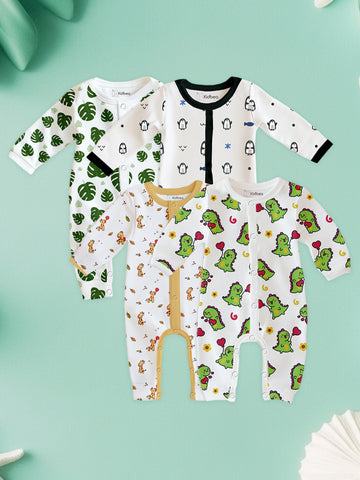 100% Organic Cotton Baby Rompers – Set of 4 with Dinosaur, Giraffe, Penguin & Leaf Patterns