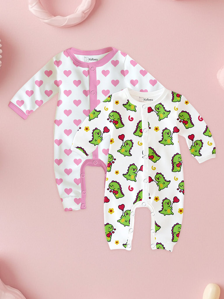 100% Organic Cotton Romper Pack – Heart & Dinosaur Designs, Pink & Olive Green, Full Sleeves