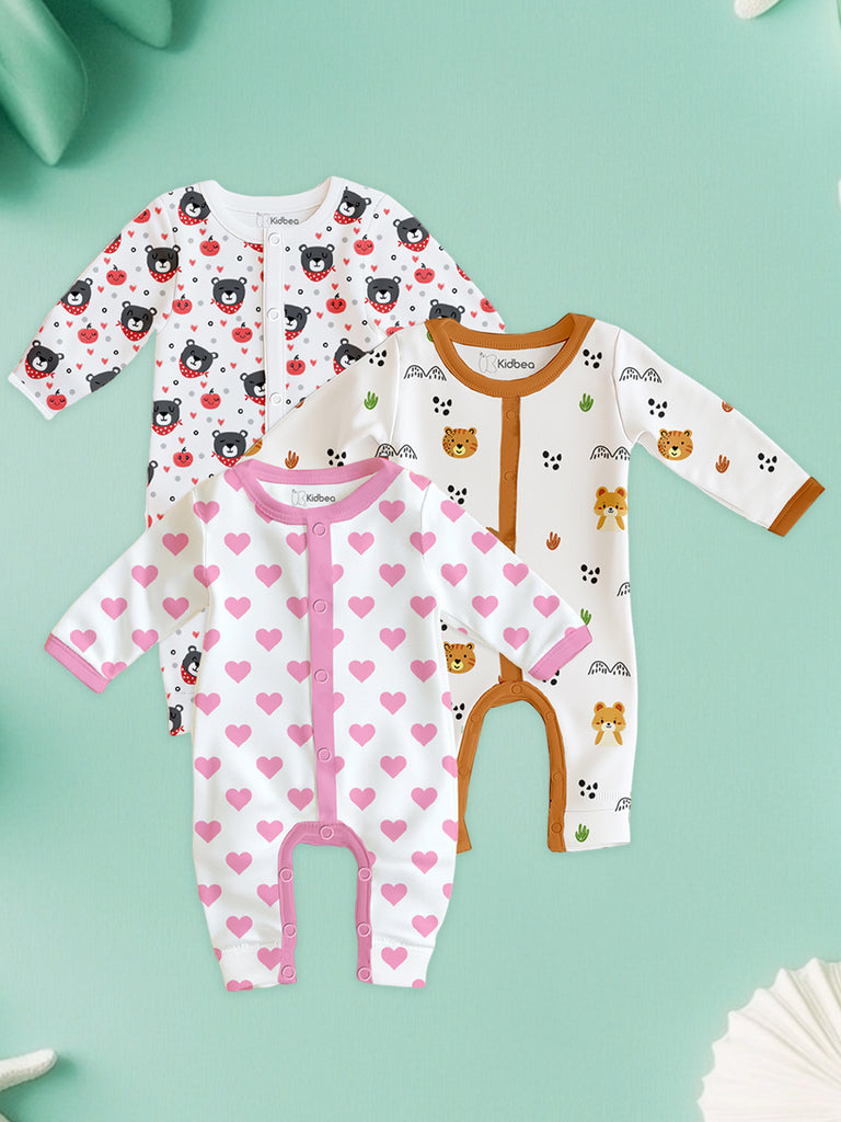 100% Organic Cotton Baby Romper/Bodysuits – Bear, Animal & Heart Prints, Set of 3