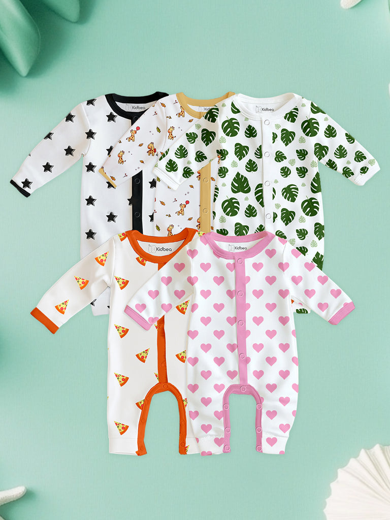 100% Organic Cotton Baby Rompers/Bodysuits – Set of 5 with Star, Giraffe, Leaf, Pizza & Heart Patterns