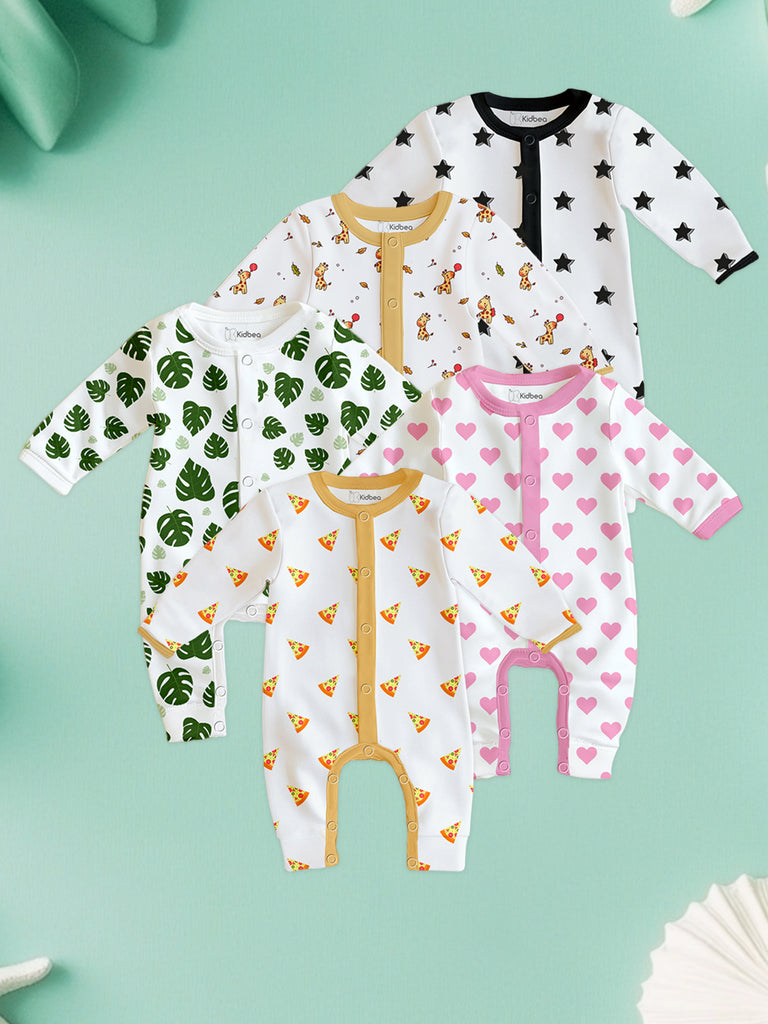 100% Organic Cotton Baby Rompers/Bodysuits – Set of 5 with Star, Giraffe, Leaf, Pizza & Heart Patterns