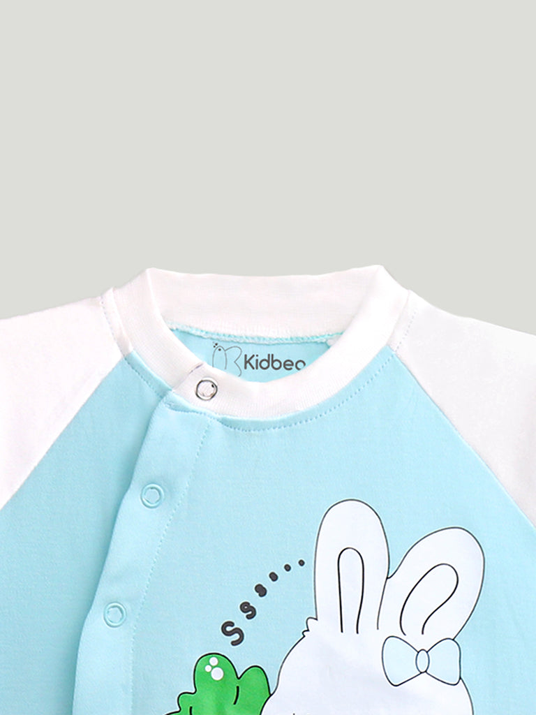 Kidbea 100% Organic Cotton Full Sleeves Bunny Printed Romper - Blue