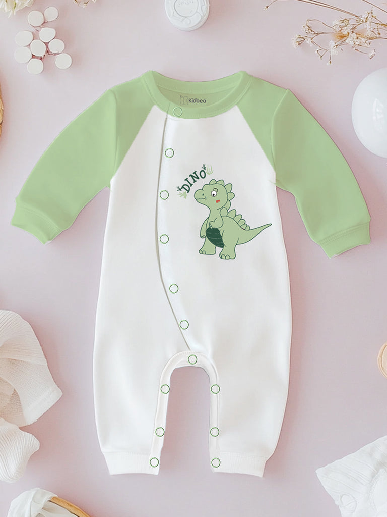 Kidbea Pack of 3 Full Sleeves 100% Organic cotton Dino, Bear and Bunny Print Romper – Green, Orange & Beige