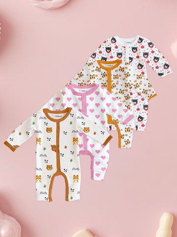 100% Organic Cotton Baby Rompers/Bodysuits – Set of 4 with Bear, Animal, Tiger & Heart Patterns