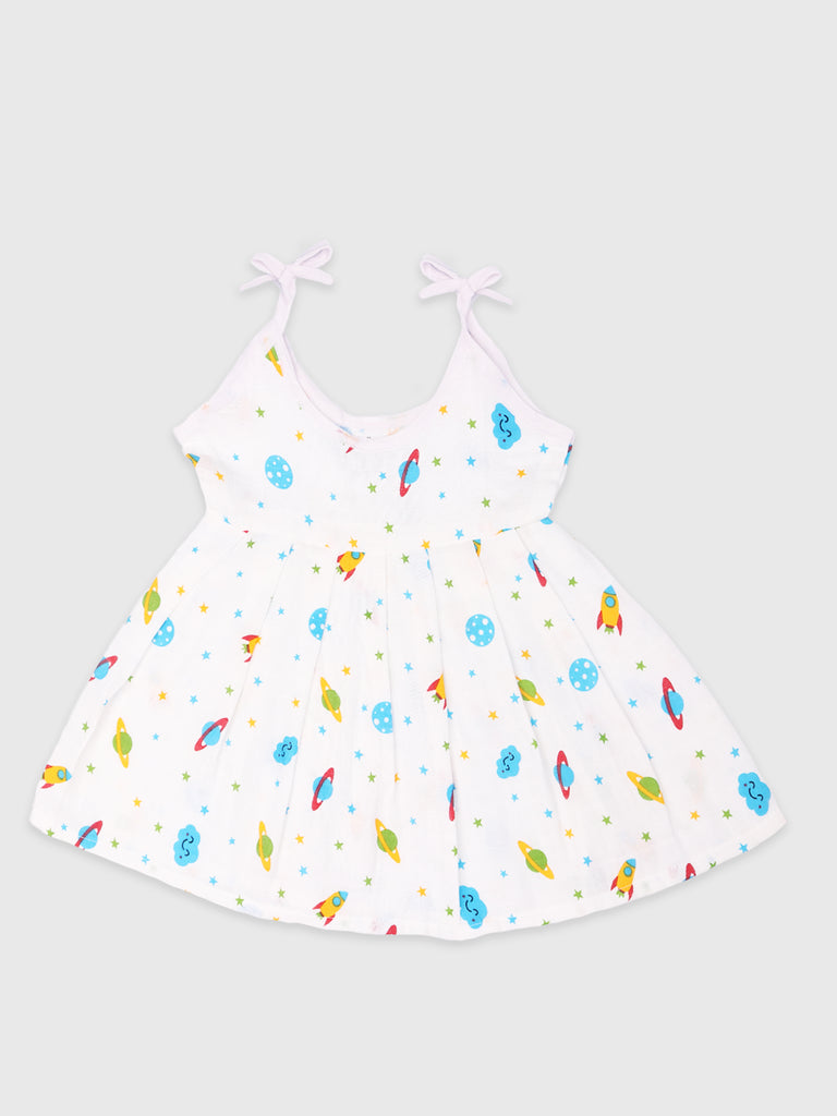 Kidbea Extra Soft Muslin  Fabric Baby Girls Frock | Space and Cute Chick Print Pack of 2